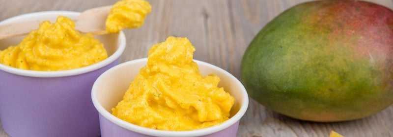 Mango banana heart health frozen yogurt served in white bowl