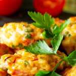 Plate of golden pan-fried chicken cutlets with tomatoes and herbs, garnished with fresh parsley on a dark tabletop.