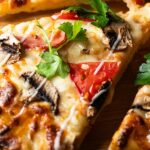 heart healthy pizza on wooden board.